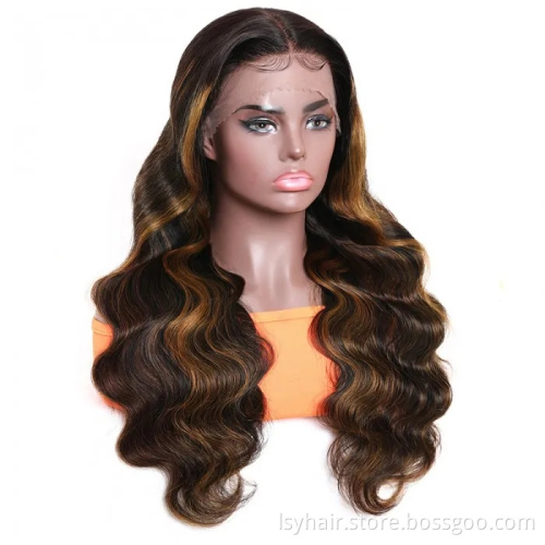 Lsybeauty Middle Part Body Wave Human Hair Wigs Brown Color Lace Wigs With #30 Color Highlights 150% Density